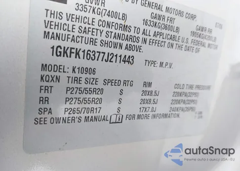2007 GMC Yukon Xl 1500 Slt from USA, damaged, VIN 1GKFK16377J211443